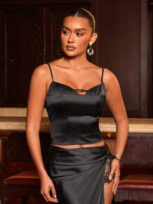 L'Amorae 女士纯色时尚缎面商务休闲吊带背心 - 黑色 - 查看 3