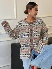 DAZY Women's Contrast Color Jacquard Loose Long Sleeve Round Neck Placket Elegant Formal Knit Cardigan, Autumn/Winter