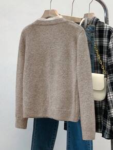 Franclia 时尚汽车蕾丝边圆领长袖毛衣 - 駝色 - 查看 2