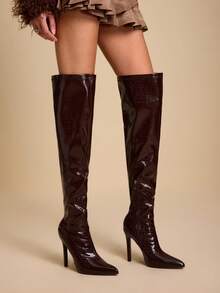 Daringsoles 女士尖头侧拉链设计时尚百搭高跟过膝长靴 - 棕色 - 查看 6