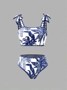 Swim Oasis Women's Blue & White Tropical Bird, Palm Tree, Zig Zag Print Swimsuit Set, Beach Holiday Casual Boho Style Blue & White Bikini With Sarong Skirt Set - Blue and White - View 8