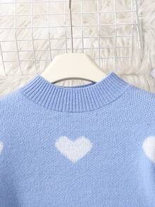 SHEIN 少女休闲宽松长袖圆领毛衣连衣裙 蓝色毛衣连衣裙 爱心毛衣连衣裙 少女爱心连衣裙 秋冬季少女毛衣连衣裙 - 藍色 - 查看 4