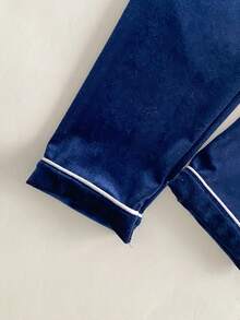 Young BoySmooth Velvet Pajama Set, Classic Retro British Style, Long Sleeve Top And Long Pants, 2pcs, Autumn/Winter Home Wear Boys Blue Pajamas Unisex Pajama Set Kids Collar Neck Long Pajama Sets Navy Blue Pajama Set Navy Blue Set For Boys - Navy Blue - View 7