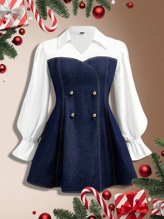 SHEIN CURVE+ 大码女式休闲牛仔连衣裙，纽扣设计