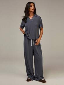 Athîral 女士深灰色简约长裤，适合日常休闲穿着，舒适柔软的针织面料，宽松的H字版型，休闲女装，新年必备 - Iron Gray - 查看 5