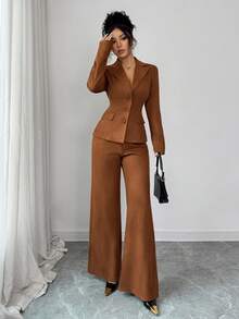 SHEIN Elenzya New Women's Suede Fabric Long Sleeve Fitted Blazer Style Paired With Elastic Waist Flared Leg Pants, Young & Elegant Office/Casual 2 Pieces Set - Brown - View 4