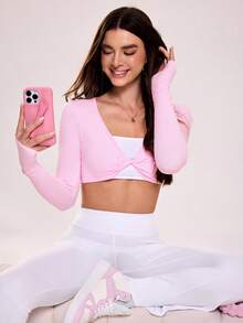 Sovereign Charm 撞色拼接扭结超短运动T恤 - 粉色 - 查看 7