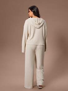 SHEIN Soft Rib Knit Hooded Sweatshirt And Drawstring Pants Casual Loungewear Pajama Set Cozy Lounge Sets - Apricot - View 2