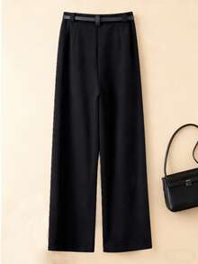 Franclia 高腰宽松直筒裤，配腰带，卡其色，休闲商务两相宜，春秋季款 - 黑色 - 查看 2