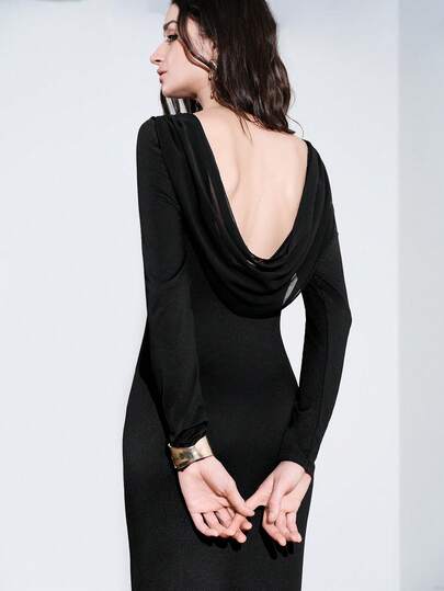 Lumivelle فستان نسائي أنيق وجذاب بياقة منخفضة وظهر مكشوف وأكمام طويلة وضيق