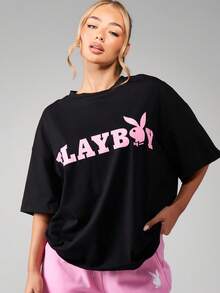 Missguided x Playboy 超大款纯棉T恤，粉色Logo印花，短袖圆领，休闲宽松版型，春夏百搭吸睛单品 - 黑色 - 查看 5