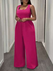 Slaydiva Bộ jumpsuit ống rộng không tay màu đen trơn, thanh lịch và thoải mái, phù hợp cho phụ nữ ngoại cỡ. - Màu Hồng Tươi - Xem 5