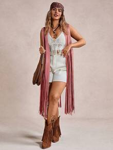 Freevana Autumn/Winter Brown Tassel Bohemian Style Country Music Festival Long Sleeveless Women Casual Coat Vacation Outfits Woman Vacation Outfits Woman - Pink - View 4