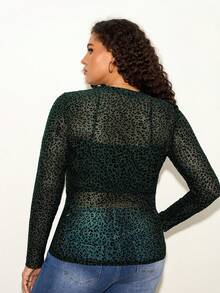 SHEIN Tall CURVE Áo thun dài tay họa tiết da báo cỡ lớn dành cho nữ - màu xanh lá - Xem 2