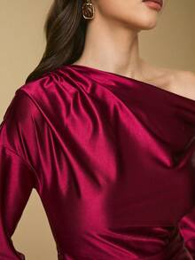 Poéselle 女士优雅纯色修身不对称领连衣裙 - 棕色 - 查看 3