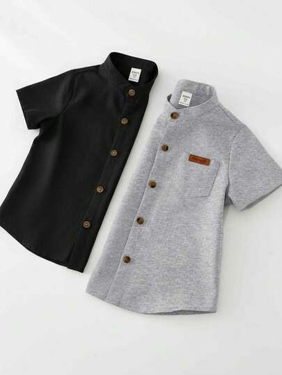 SHEIN 2pcs Young Boys Leisure Day Korean Style Clean Color Collared Loose Woven Shirt With Two Colors, One Or Two Sets Each, Suitable For School, Home, Vacation, Sports Wear, Suitable For Spring And Summer Seasons, Buy 1 Piece And Get 1 Set, Get 2 Pieces At A Great Value And Cost-Effective, Suitable For Gift Giving