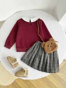 Playful Pals Completo bambina casual 2 in 1 con camicia a collo, pannello frontale, stampa carina, polsini a costine, felpa con vita elastica e gonna plissettata a quadri vintage, autunno/inverno