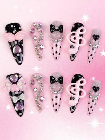 Anime 10 Stück Y2K süße Herz-, Stern-, Schleife-, Flügel-Nagelkunst Aufkleber mit Klebeband