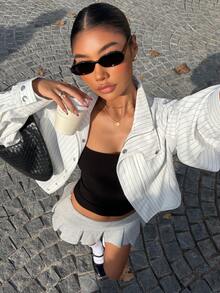 Muchica Women's Casual Striped Long Sleeve Jacket For Going Out Outfits, Back To School, Streetwear - White - View 4