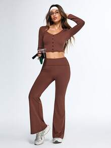 Gameset SHEIN Sport Brown Long Sleeve Button Crop Top & High Waist Flared Pants Two Piece Set,Yoga Lounge Athleisure Outfit,Women's Trending Workout Matching Set,Women's Ribbed Yoga Activewear Set, Fitted Long Sleeve Casual Top Paired With High Waist Flare Pants,Brown 2 Piece Set,Two Piece Pants Set,Athleisure Two Piece Set, Brown Workout Set - Brown - View 12