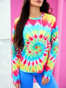 Gameset SHEIN Sport Damen Batik Rundhals Lockerer Schnitt Langarm Sport T-Shirt, Blau und Rosa, Sommer, Athleisure, Tv Girl, Fitnessstudio, Pride Month Neon Kleidung UV Casual Top - Verschiedenfarbig - Übersicht 1