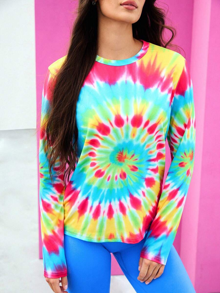 Gameset SHEIN Sport Damen Batik Rundhals Lockerer Schnitt Langarm Sport T-Shirt, Blau und Rosa, Sommer, Athleisure, Tv Girl, Fitnessstudio, Pride Month Neon Kleidung UV Casual Top - Verschiedenfarbig - Übersicht 1