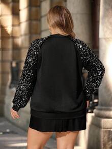 Enliva Plus Size Women's Sequin Patchwork Tree Detail Sweatshirt, Winter, For Apple Rounded Body Shape - Black - View 2
