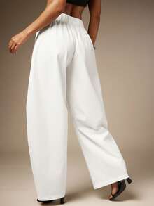 Hauture Pantalones anchos plisados de color carbón sólido, estilo básico y casual de verano - Blanco - Ver 5