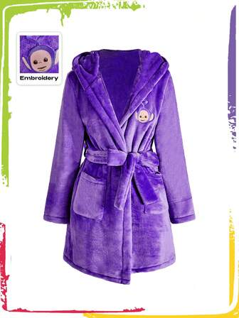 Teletubbies X ROMWE Cute Tinky Winky Embroidered Plush Front-Open Hooded Bathrobe With Belt , Fluffy Cozy Winter