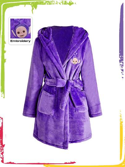 Teletubbies X ROMWE Cute Tinky Winky Embroidered Plush Front-Open Hooded Bathrobe With Belt , Fluffy Cozy Winter