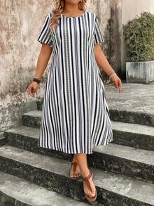 EMERY ROSE Plus Size Women Colorblock Striped Round Neck Short Sleeve Dress - Blue - View 3