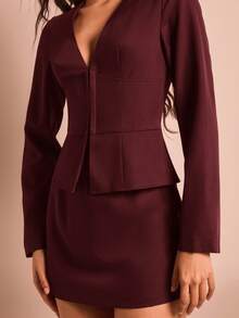 SHEIN Glamour 女士优雅性感OL风深V领长袖上衣搭配迷你裙套装，适合职业女性，商务着装，秋冬季穿着。 - 酒紅色 - 查看 8