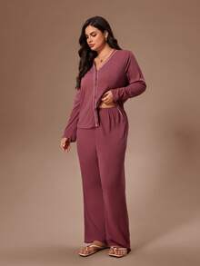 Lazeform Conjunto de pijama de punto suave y cómodo de unicolor con ribete de contraste, talla grande - Rojo - Ver 4