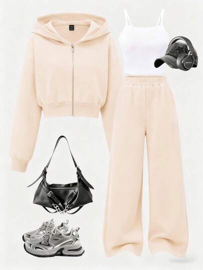 3 件套女士休闲简约吊带背心、短款拉链连帽衫和阔腿裤套装，适合日常穿着