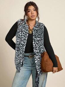 Freevana Áo vest hở hai túi phía trước họa tiết lông mềm mại cỡ lớn dành cho nữ, thích hợp mặc vào mùa thu, quần áo thu cỡ lớn - Xám - Xem 1