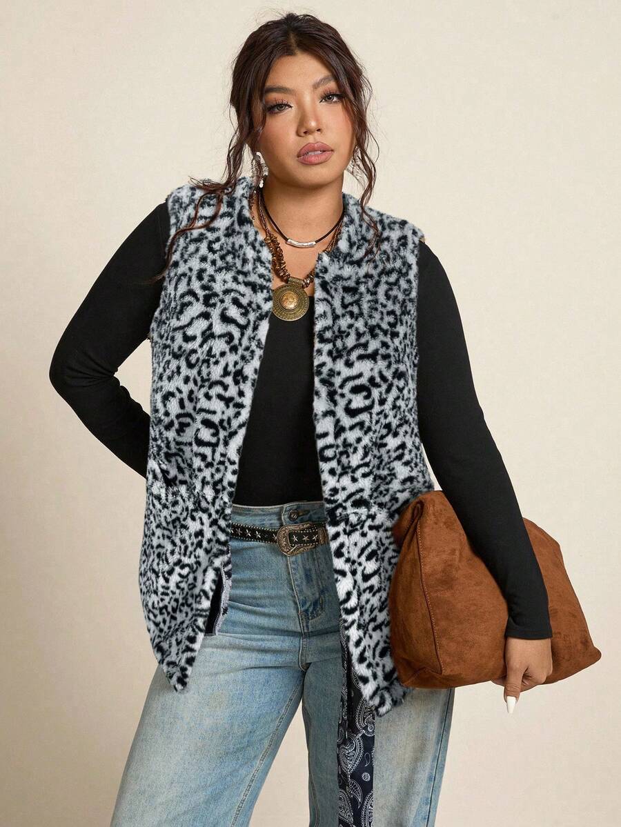 Freevana Áo vest hở hai túi phía trước họa tiết lông mềm mại cỡ lớn dành cho nữ, thích hợp mặc vào mùa thu, quần áo thu cỡ lớn - Xám - Xem 1