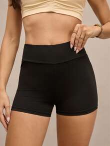 Activina 纯色高腰无缝修身运动短裤 - 黑色 - 查看 5