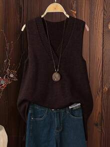 SHEIN LUNE 大码女式米色V领侧开衩高低摆宽松针织休闲舒适毛衣背心，秋冬款 - 咖啡棕 - 查看 1
