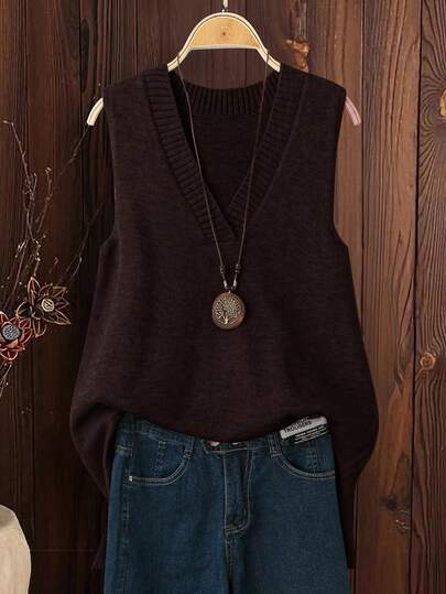 SHEIN LUNE 大码女式米色V领侧开衩高低摆宽松针织休闲舒适毛衣背心，秋冬款