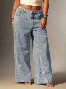 Denimoi Jeans dritti in denim vita alta con applicazioni di strass - Lavaggio chiaro - Visualizzare 4