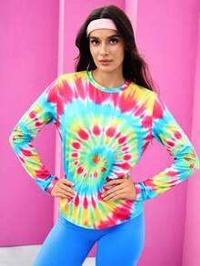 Gameset SHEIN Sport Damen Batik Rundhals Lockerer Schnitt Langarm Sport T-Shirt, Blau und Rosa, Sommer, Athleisure, Tv Girl, Fitnessstudio, Pride Month Neon Kleidung UV Casual Top - Verschiedenfarbig - Übersicht 6