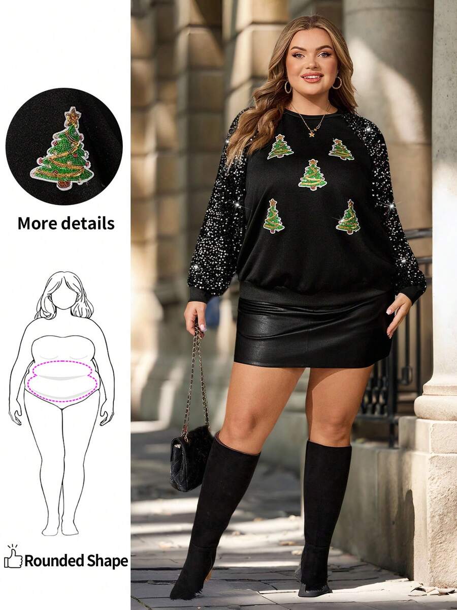Enliva Plus Size Women's Sequin Patchwork Tree Detail Sweatshirt, Winter, For Apple Rounded Body Shape - Black - View 1