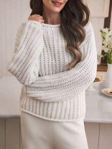 Louniche Áo len dệt kim dáng rộng cổ tròn tay dài dành cho nữ, mùa thu/đông - Màu be - Xem 3