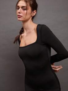 Activina Square Collar Long Sleeve Solid Color Sport Romper - Black - View 5