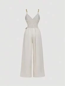 SHEIN MOD 杏色裹身式链条装饰系带蝴蝶结连体裤，舒适，70 年代波西米亚西部风情 - 杏色 - 查看 2