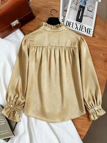 Franclia Plus Size Women Elegant Gold Autumn Frill Trim Lantern Sleeve Metallic Sheen Silk Satin Blouse, Brown Shirts For Women - Gold - View 2
