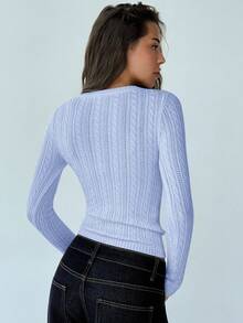 Aloruh Nuevo suéter de cuello en V profundo, de manga larga, ajustado, de punto de cable vintage minimalista, una prenda exterior versátil para otoño/invierno - Celeste - Ver 2
