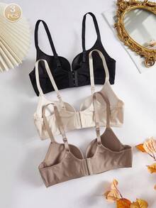 3件套女士舒适休闲罗纹面料纯色肩带柔软蝴蝶结罩杯钢圈支撑内衣文胸 - 彩色 - 查看 2