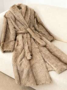 SHEIN Stylify Women's Casual Fluffy Faux Fur Straight Coat, Minimalist Design, Autumn/Winter - Khaki - View 1