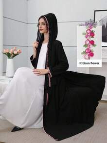 Al Najma Contrast Color Strap Woven Splice Headscarf & Abaya - Black - View 1